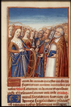 St. Catherine of Alexandria holding a sword and a wheel, St. Barbara holding a tower, St. Paul holding a sword, and St. Peter holding a key and a book, and other saints (All Saints)