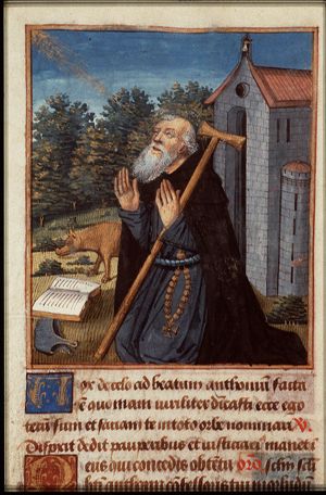 St. Antony Abbot of Egypt at prayer, holding a T-shaped staff, with a pig