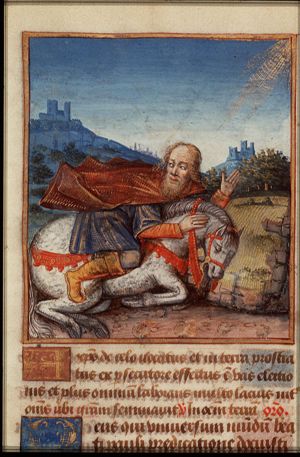 The conversion of St. Paul: on the way to Damascus Saul falls from his horse, blinded by the light