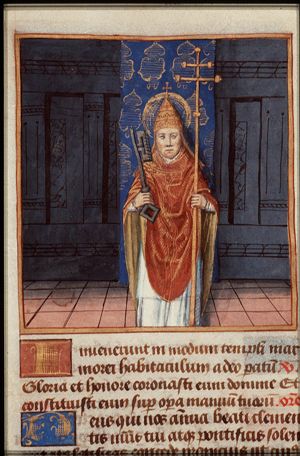 St. Clement I, Bishop of Rome, holding a key and a cross-staff