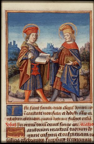 St. Crispin and St. Crispinian of Soissons holding a last, a shoe and books