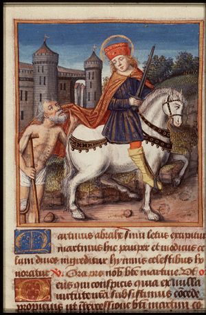 St. Martin, Bishop of Tours, gives part of his cloak to a beggar