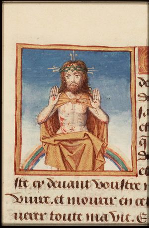 Christ seated on a rainbow, showing his wounds