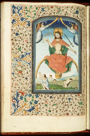 The Last Judgement: Christ on a rainbow raises the dead; trumpeting angels