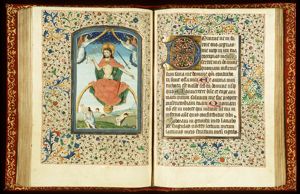 The Last Judgement: Christ on a rainbow raises the dead; trumpeting angels