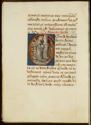 St. Barbara holding a palm and a book, a tower besides her