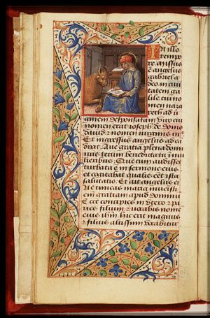 The Evangelist St. Luke writing, with his symbol the ox