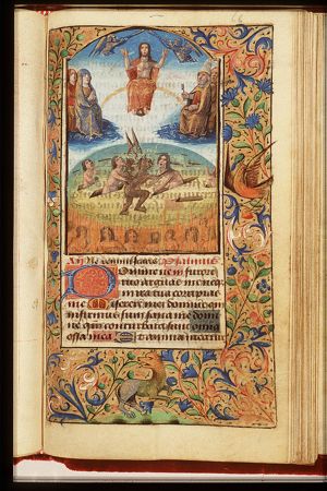 The Last Judgement: Christ on a rainbow raises the dead in the presence of Mary and St. John the Baptist; trumpeting angels, the damned in hell