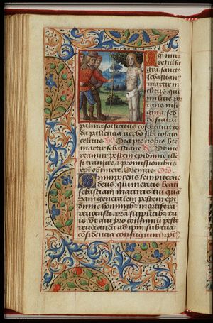 The martyrdom of St. Sebastian: tied to a tree, he is pierced by arrows