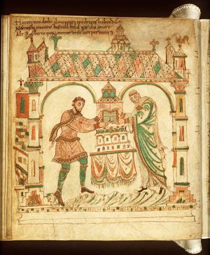 Dirk II of Holland and his wife Hildegard present the Gospels to Egmond Abbey