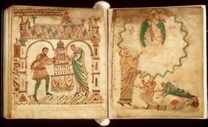 Dirk II of Holland and his wife Hildegard present the Gospels to Egmond Abbey