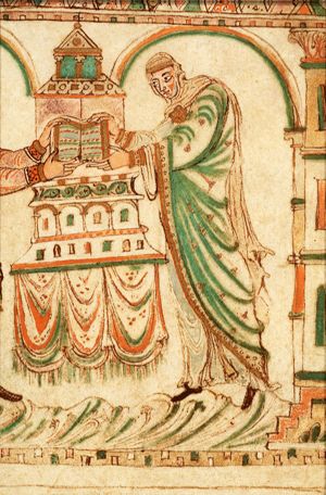 Dirk II of Holland and his wife Hildegard present the Gospels to Egmond Abbey