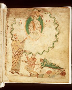 Dirk II and his wife Hildegard kneel before St. Adalbert, patron of Egmond Abbey