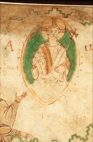 Dirk II and his wife Hildegard kneel before St. Adalbert, patron of Egmond Abbey