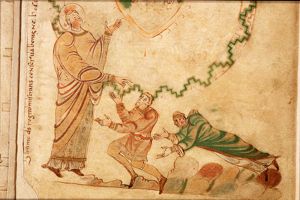 Dirk II and his wife Hildegard kneel before St. Adalbert, patron of Egmond Abbey