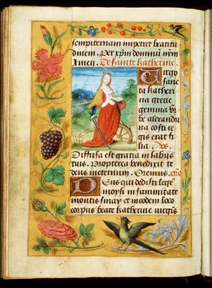 St. Catherine of Alexandria holding a sword and a book, with a wheel at her feet