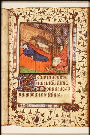 The Nativity: Mary lies in bed, the Christ-child in the manger, St. Joseph drying a napkin