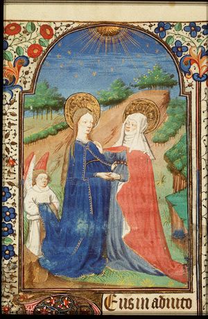 The Visitation: Mary, accompanied by an angel, meets St. Elisabeth