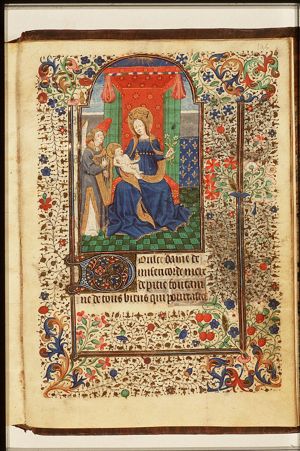 Madonna: Mary enthroned, holding the Christ-child; an angel playing a harp