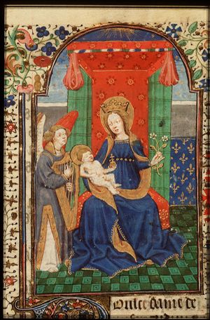 Madonna: Mary enthroned, holding the Christ-child; an angel playing a harp