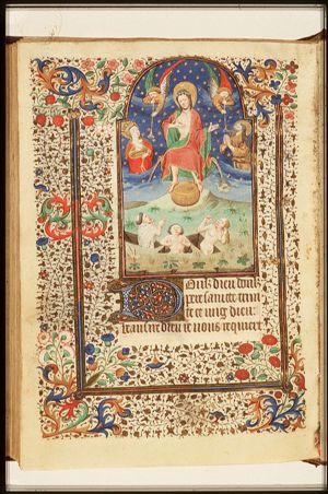 The Last Judgement: Christ on a rainbow raises the dead in the presence of Mary and St. John the Baptist; trumpeting angels