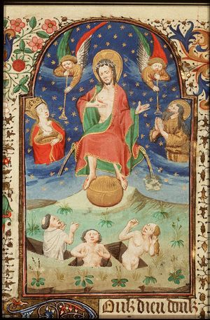 The Last Judgement: Christ on a rainbow raises the dead in the presence of Mary and St. John the Baptist; trumpeting angels