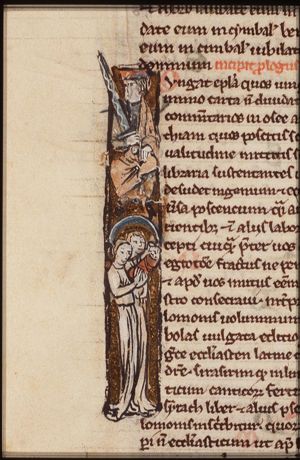 The judgement of Solomon: Solomon gives verdict; he commands a soldier to divide the living child in two; the true mother objects