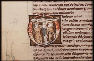 The Crucifixion, with Christ between 'Ecclesia', catching Christ's blood in her chalice, and 'Synagoga'