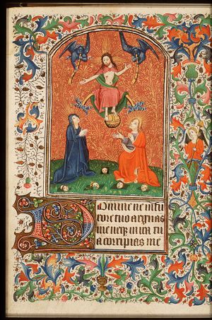 The Last Judgement: Christ on a rainbow raises the dead in the presence of Mary and St. John the Baptist; trumpeting angels