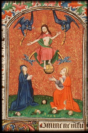 The Last Judgement: Christ on a rainbow raises the dead in the presence of Mary and St. John the Baptist; trumpeting angels