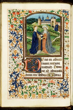 The Visitation: Mary meets St. Elisabeth; Zacharias seated on a bench (background)