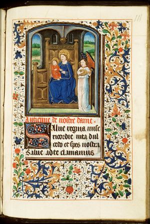 Madonna: Mary enthroned, holding the Christ-child, an angel playing the lute