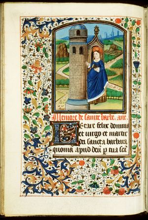 St. Barbara holding a palm and a book, before the tower