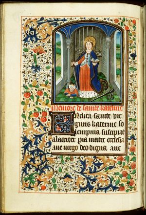 St. Catherine of Alexandria holding a sword and a book, with Emperor Maxentius and a wheel at her feet