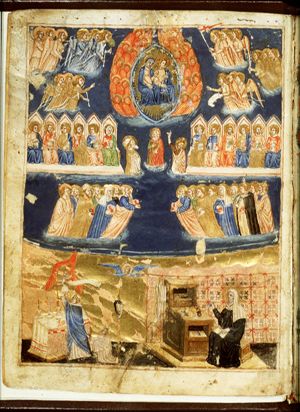St. Bridget of Sweden having a vision in which a fire from heaven descends upon the altar during Mass and the host changes into the Christ-child