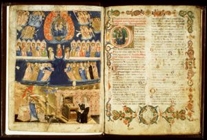 St. Bridget of Sweden having a vision in which a fire from heaven descends upon the altar during Mass and the host changes into the Christ-child