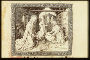 The Nativity: the adoration of the Christ-child by Mary, St. Joseph, and a midwife