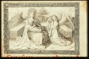Mary sitting on the ground, holding the Christ-child, an angel playing the harp