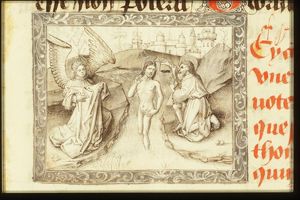 The baptism of Christ by St. John the Baptist, an angel holds Christ's robe