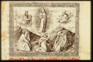 The Transfiguration: Christ, Moses and Elijah hover over three apostles