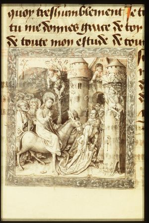 The Entry into Jerusalem: Christ enters the city-gate on an ass