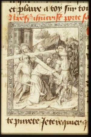The carrying of the cross: Christ bears the cross with the help of Simon the Cyrenian
