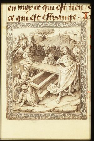 The Resurrection: Christ stands in front of his tomb; the three Maries on their way