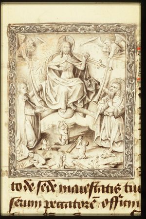 The Last Judgement: Christ on a rainbow raises the dead in the presence of Mary and St. John the Baptist; trumpeting angels