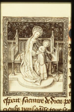 Mary sitting, holding the Christ-child