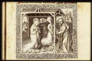 The Nativity: the adoration of the Christ-child by Mary, St. Joseph, and a midwife