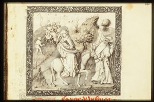 The Flight into Egypt: Mary, St. Joseph and the Christ-child on their way; the corn-miracle (background)