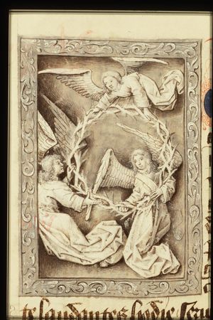 Three angels holding an instrument of the Passion: crown of thorns