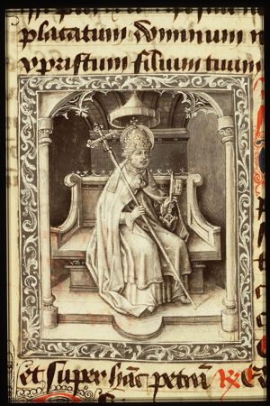 St. Peter enthroned, holding a key and a cross-staff
