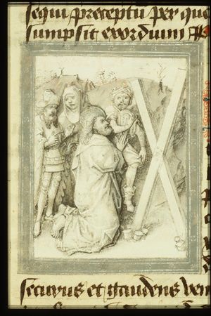 The martyrdom of St. Andrew: he kneels before the X-shaped cross